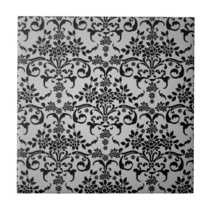 Azulejo Patrón de damasco floral blanco plateado y negro