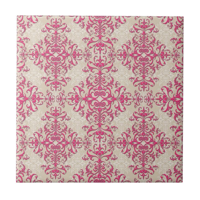 Azulejo Patrón de Damasco Floral Blanco y Rosa de moda (Frente)