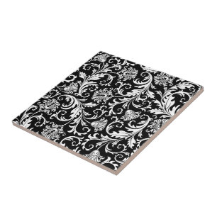 Azulejo Patrón de Damasco Floral elegante en blanco y negr
