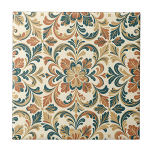 Azulejo Patrón de damasco floral folk naranja verde teñido