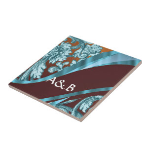 Azulejo Patrón de damasco floral marrón y azul