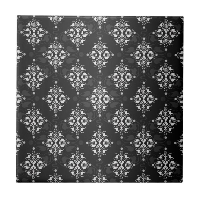 Azulejo Patrón de damasco negro y blanco lindo (Frente)