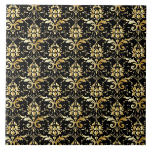 Azulejo Patrón de Damasco negro y dorado