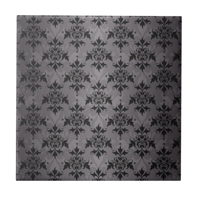 Azulejo Patrón de Damasco Negro y Gris (Frente)