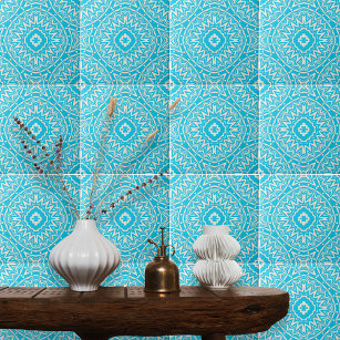 Azulejo Patrón de Damasco Ornato Turquesa y Blanco