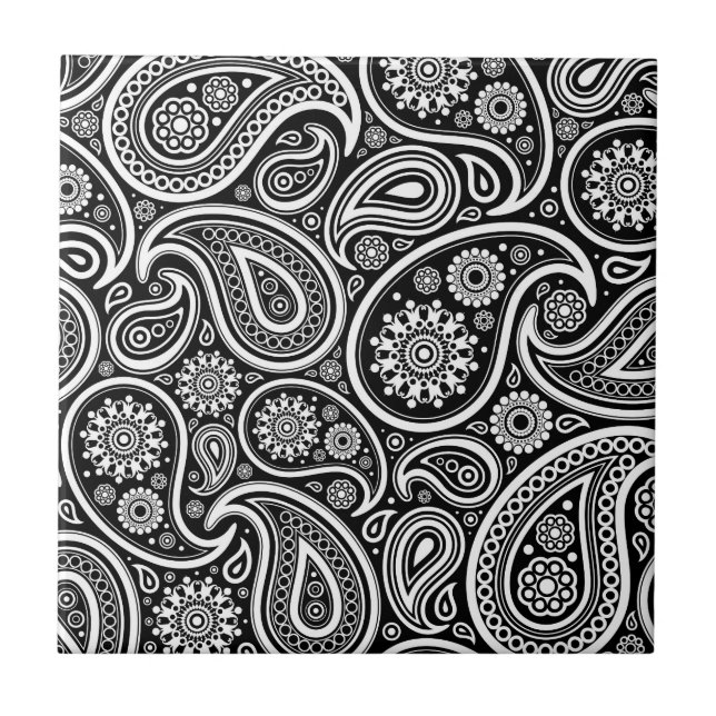 Azulejo Patrón de Damasco Paisley blanco y negro (Frente)