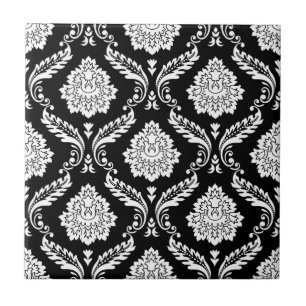 Azulejo Patrón de Damasco Rococó Blanco sobre Negro