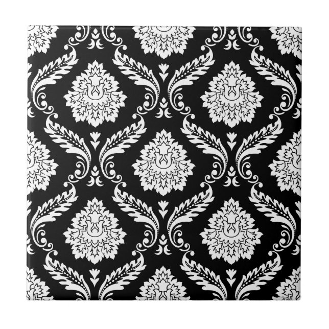 Azulejo Patrón de Damasco Rococó Blanco sobre Negro (Frente)