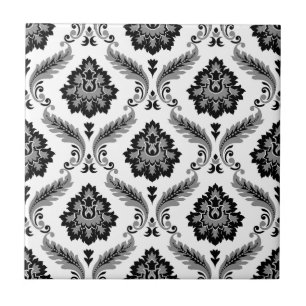 Azulejo Patrón de Damasco Rococó Gris Negro Blanco