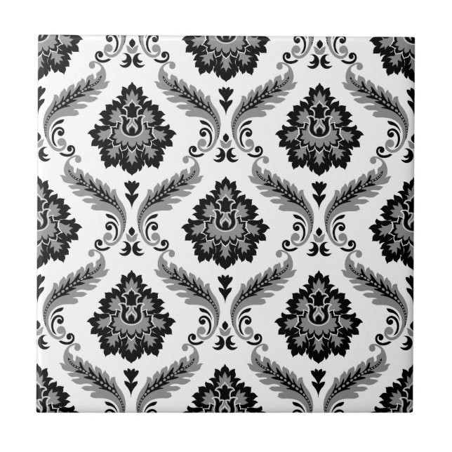 Azulejo Patrón de Damasco Rococó Gris Negro Blanco (Frente)
