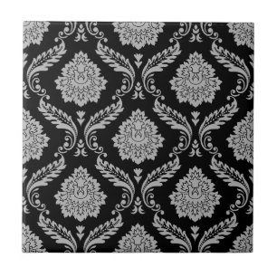 Azulejo Patrón de Damasco Rococó Gris sobre Negro