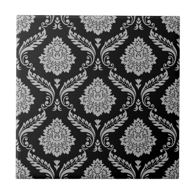 Azulejo Patrón de Damasco Rococó Gris sobre Negro (Frente)