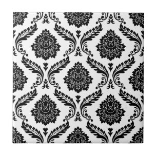 Azulejo Patrón de damasco rococó negro sobre blanco