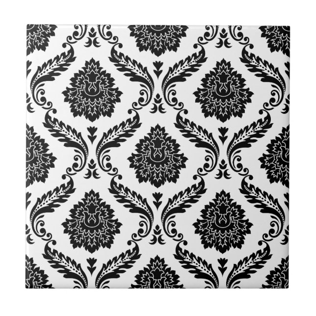 Azulejo Patrón de damasco rococó negro sobre blanco (Frente)