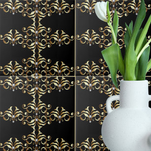 Azulejo Patrón de Damasco y gemas de oro negro de lujo