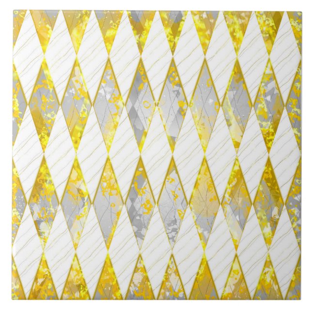 Azulejo Patrón de diamante elegante, dorado, blanco, gris, (Frente)