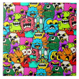 Azulejo Patrón de doodle de monstruos coloridos y locos