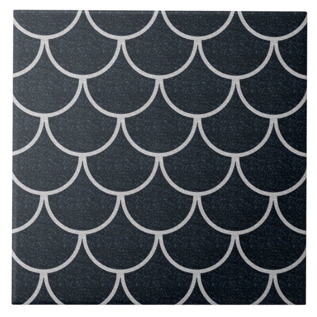 Azulejo Patrón de Escala Escalonada Negro y Plateado (Frente)