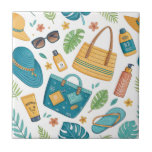 Azulejo Patrón de esenciales de playa de verano (1)<br><div class="desc">Vibrante baldosa de cerámica con patrón continuo de verano con sombreros de paja, gafas de sol, bolsas de mano, protector solar, chanclas, hojas tropicales y flores sobre un fondo blanco limpio. Ideal para amantes de la playa, fanáticos de las vacaciones, entusiastas del estilo tropical y cualquiera que ame la estética...</div>