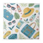 Azulejo Patrón de esenciales de playa de verano (2)<br><div class="desc">Vibrante baldosa de cerámica con patrón continuo de verano con sombreros de paja, gafas de sol, bolsas de mano, protector solar, chanclas, hojas tropicales y flores sobre un fondo blanco limpio. Ideal para amantes de la playa, fanáticos de las vacaciones, entusiastas del estilo tropical y cualquiera que ame la estética...</div>