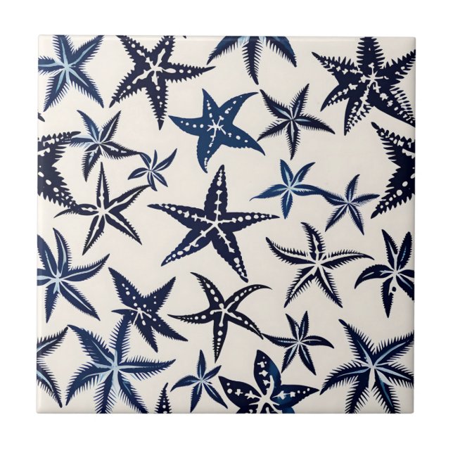 Azulejo Patrón de esténcil de pez estrella en azul (Frente)