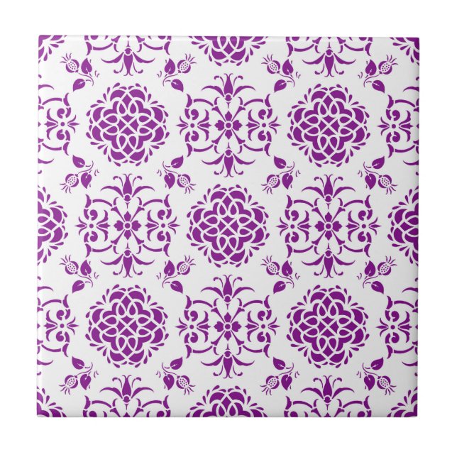 Azulejo Patrón de estilo de Damasco floral morado y blanco (Frente)