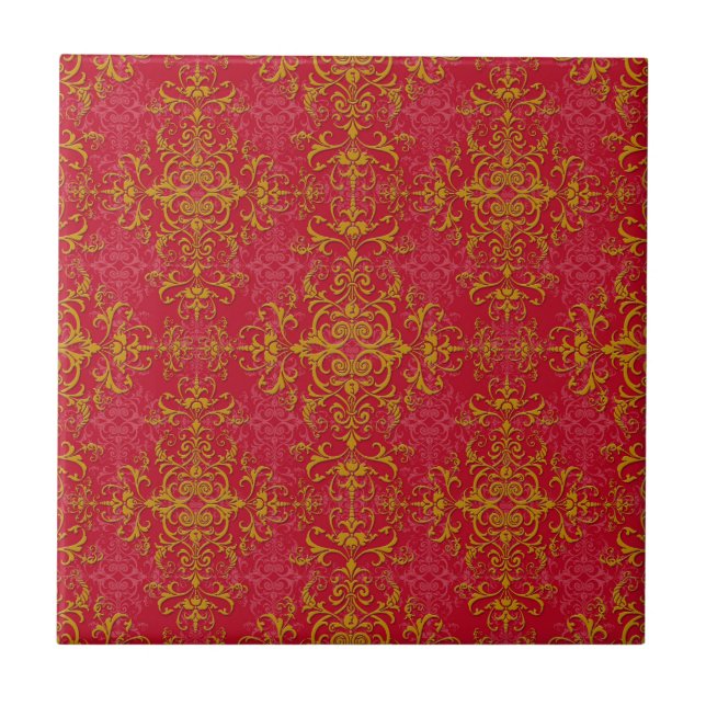 Azulejo Patrón de estilo elegante de Damasco rosa profundo (Frente)