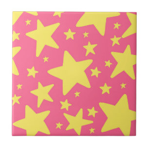 Azulejo Patrón de estrellas geométricas rosadas amarillas