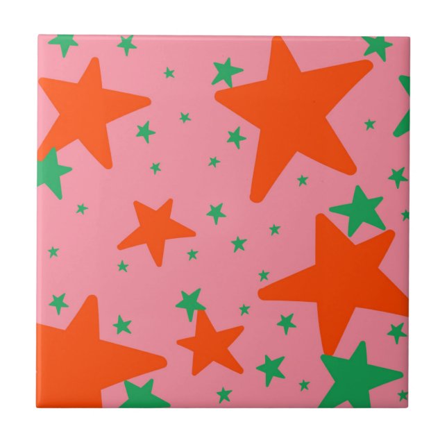 Azulejo Patrón de estrellas geométricas rosadas verdes (Frente)