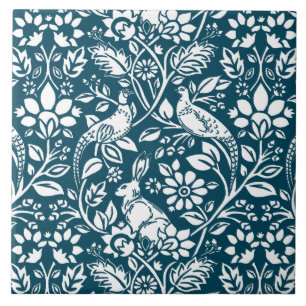 Azulejo Patrón de faisán y liebre, azul índigo y blanco