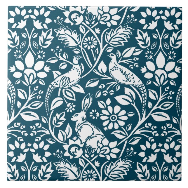 Azulejo Patrón de faisán y liebre, azul índigo y blanco (Frente)