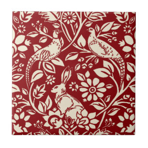 Azulejo Patrón de faisán y liebre, rojo profundo y crema