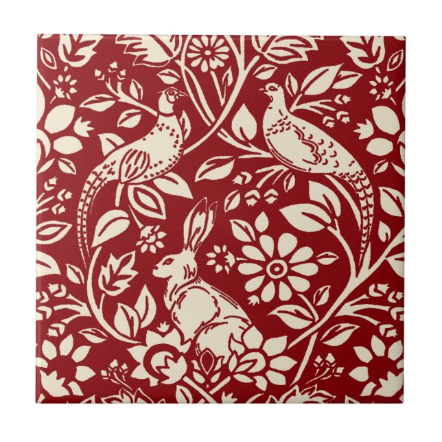 Azulejo Patrón de faisán y liebre, rojo profundo y crema (Frente)