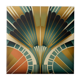 Azulejo Patrón de fanático dorado y verde Art Deco