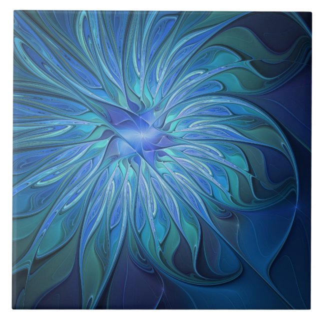 Azulejo Patrón de fantasía de flor azul, arte fractal abst (Frente)