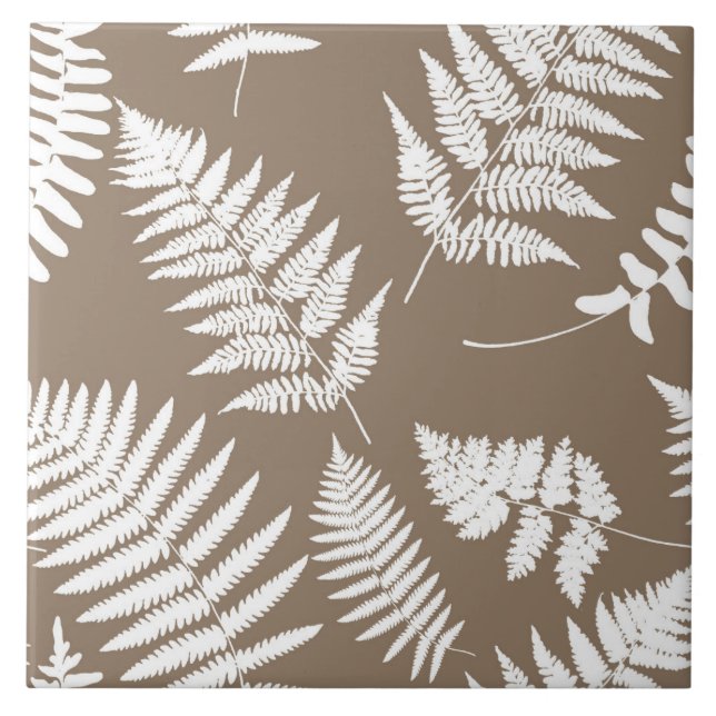 Azulejo Patrón de Fern de Woodland, Taupe Tan y Blanco (Frente)