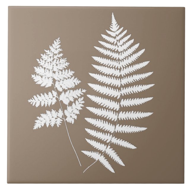 Azulejo Patrón de Fern de Woodland, Taupe Tan y Blanco (Frente)