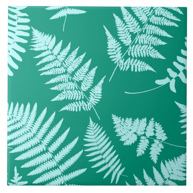 Azulejo Patrón de Fern de Woodland, Turquesa y Aqua (Frente)