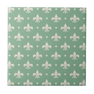 Azulejo Patrón de Fleur De Lis plateado sobre fondo verde