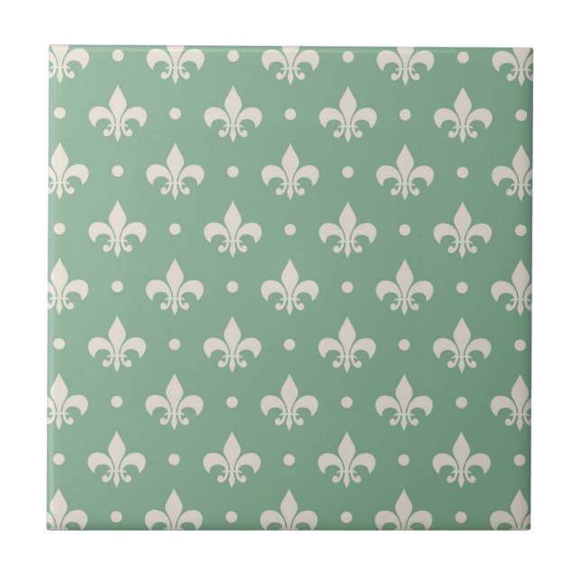 Azulejo Patrón de Fleur De Lis plateado sobre fondo verde (Frente)