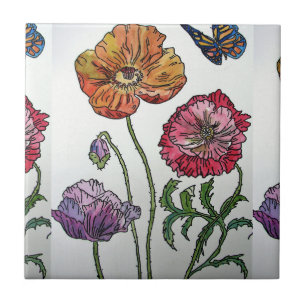 Azulejo Patrón de flor de acuarela de amapola roja naranja