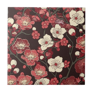 Azulejo Patrón de Flor de Cerezo Burgundy Oscuro Coral