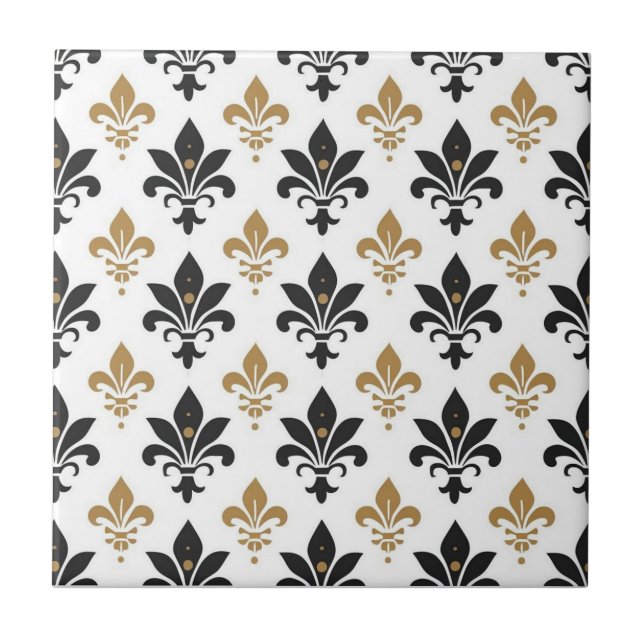 Azulejo Patrón de Flor de Lis negro y dorado (Frente)