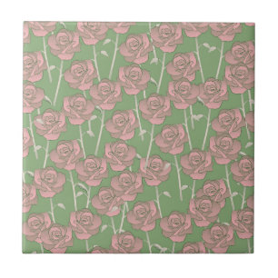 Azulejo Patrón de flor del Retro Rosa Verde Y2K 70s