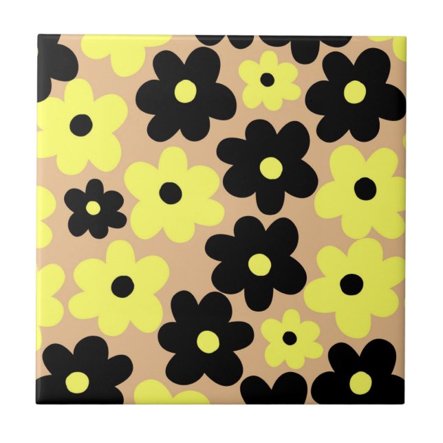 Azulejo Patrón de flor hippie amarillo-negro (Frente)