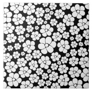 Azulejo Patrón de flor retro en blanco sobre negro