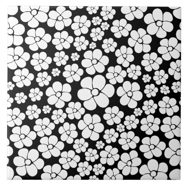 Azulejo Patrón de flor retro en blanco sobre negro (Frente)