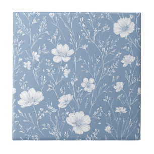 Azulejo Patrón de Flor Silvestre Azul y Blanco Atenuado