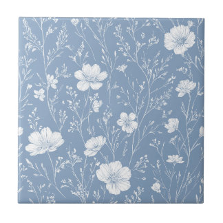Azulejo Patrón de Flor Silvestre Azul y Blanco Atenuado