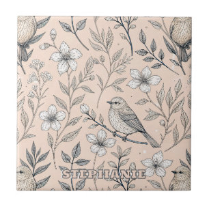 Azulejo Patrón de Flor Silvestre Ruiseñor Melocotón Vintag